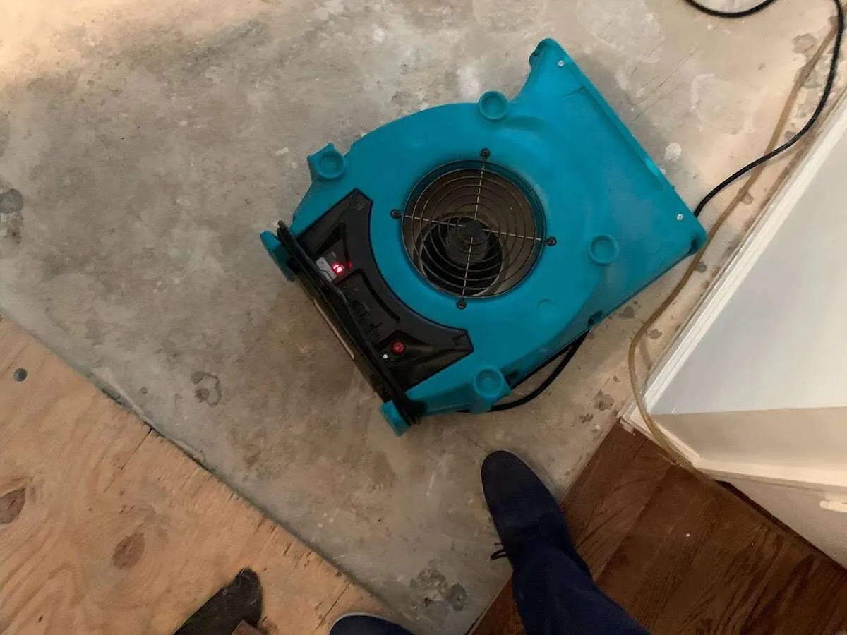 Air mover drying subfloor during Leak Detection & Repair in Woodruff